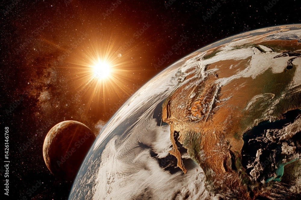 Poster view of earth from space with the sun rising over the horizon and a distant planet in the background