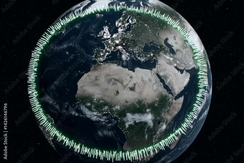 Aufkleber View of Earth showcasing vibrant land and ocean features with a green data visualization overlay in a space setting
