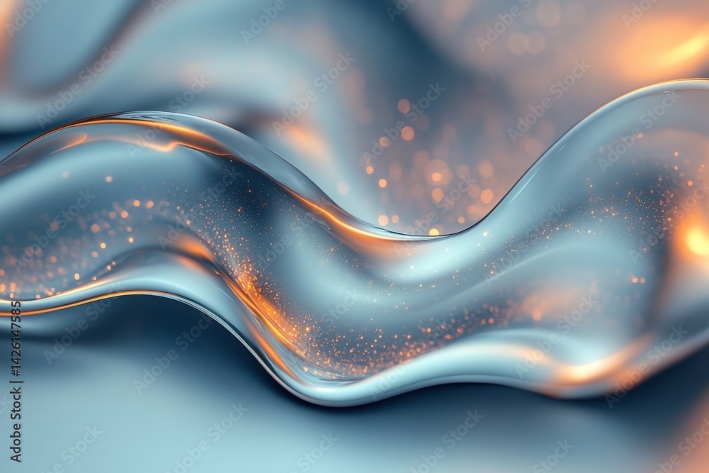Poster Soft translucent waves undulating with golden sparkles in a serene abstract composition
