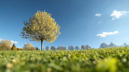 Obraz premium solitary tree stands in vibrant green field under clear blue sky, evoking sense of tranquility and nature beauty