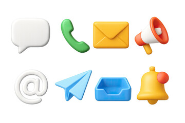Communication tools icon set – 3d style messaging and contact symbols for digital interaction: speech bubble, phone, email, megaphone, at symbol, paper plane, inbox, bell