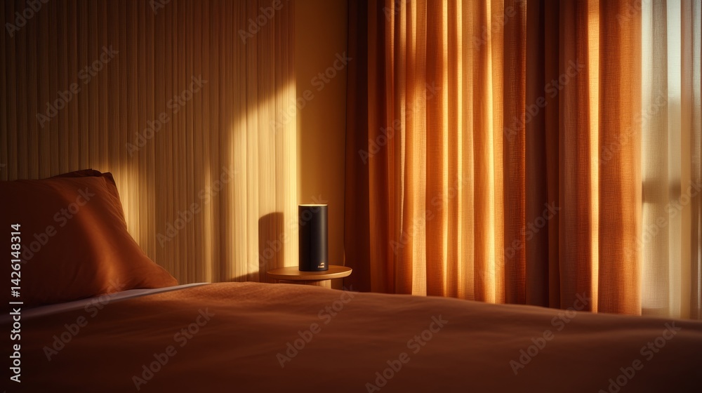 Aufkleber a tranquil bedroom features cinnamon-hued walls and a soft brown duvet, enhanced by the warm glow of