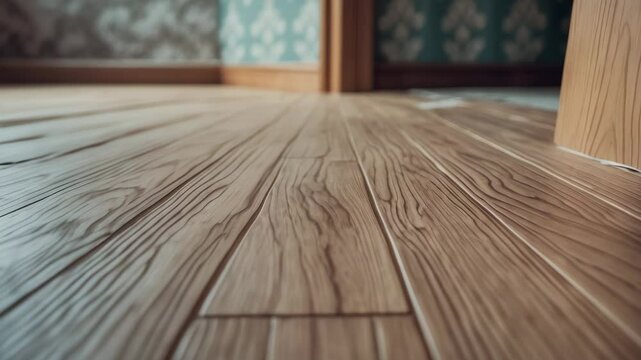 Close-up low angle view of sheet flooring with embossed patterns during installation, in selective focus.