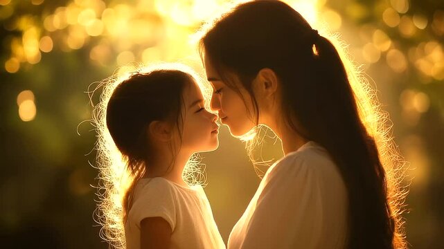 A young mother gently kisses her daughter&rsquo;s forehead in a sunlit park, love radiating from their expressions. The soft glow of golden hour adds warmth and depth to the moment.