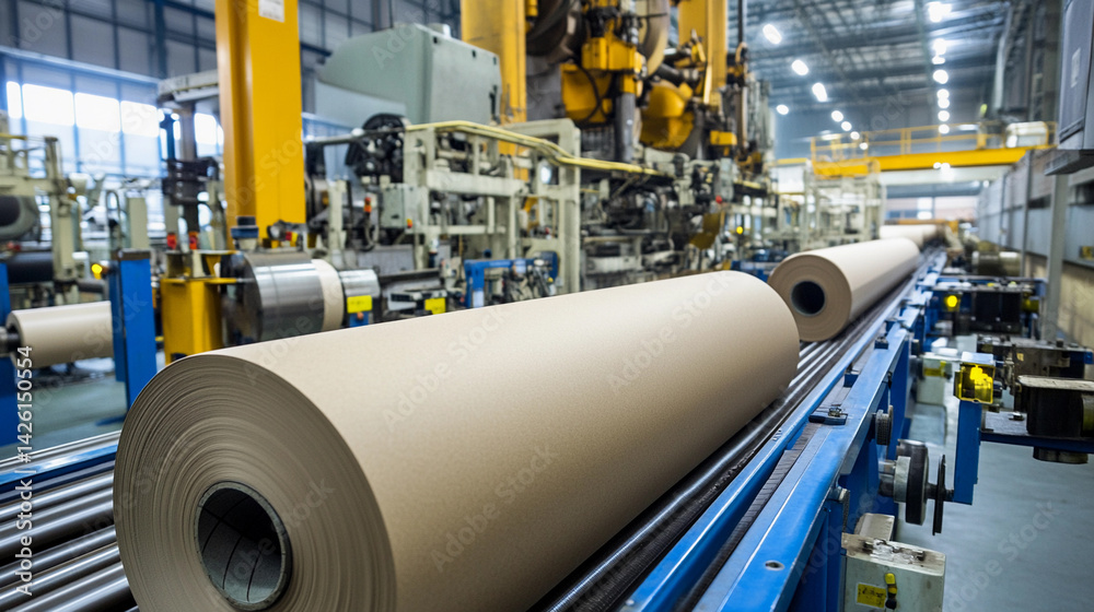 Poster close-up view of large paper roll in industrial milling facility generative ai
