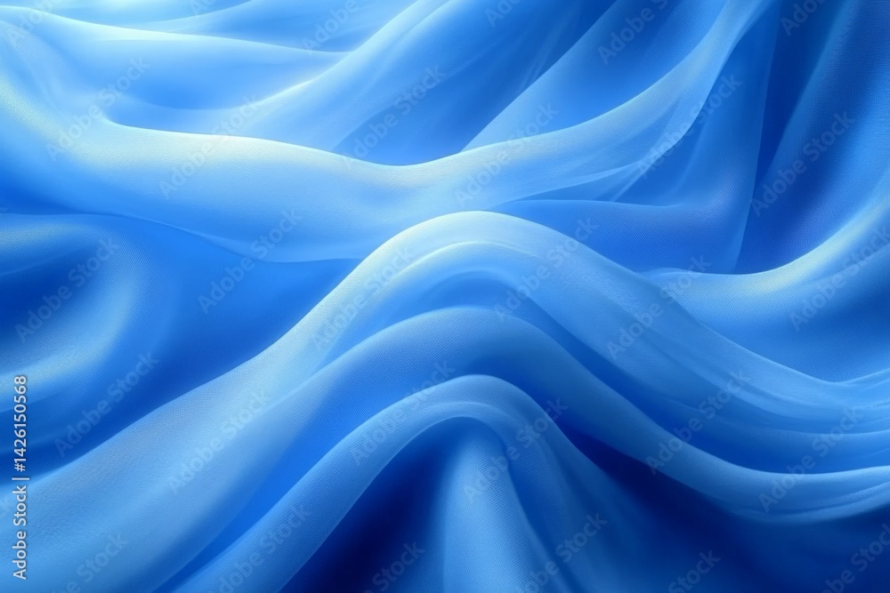 Poster Waves of soft blue fabric flow gracefully in a gentle light, creating a serene and calming atmosphere