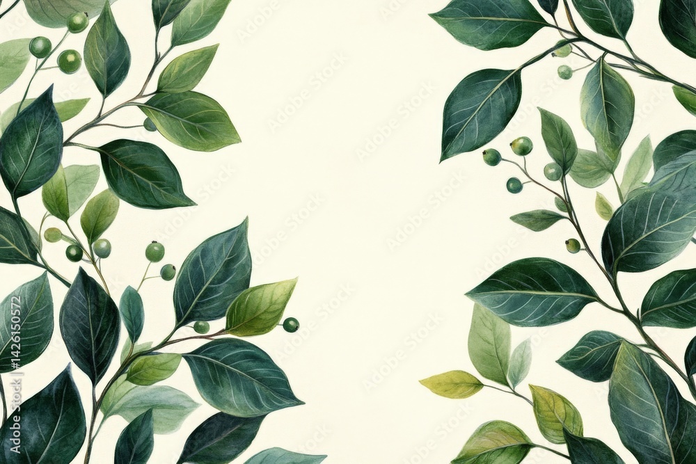 Aufkleber Leafy botanical illustration creating a serene backdrop with various shades of green and soft highlights in a minimalist design