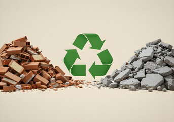 environmental building material recycling concept with green logo between sorted construction demolition waste piles
