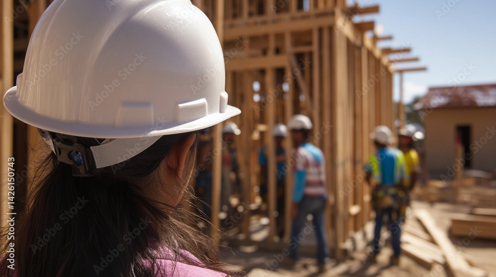 Poster Construction worker observing team at building site Generative AI