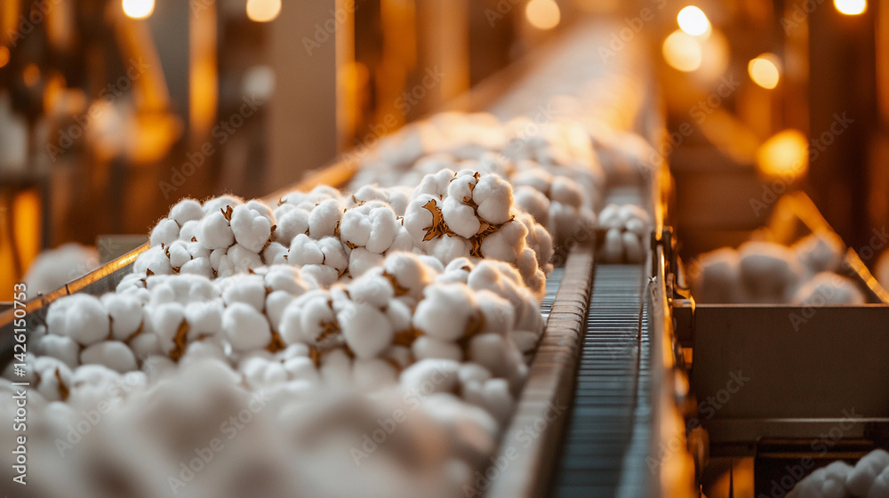 Poster Close-up view of cotton being processed in a factory setting Generative AI