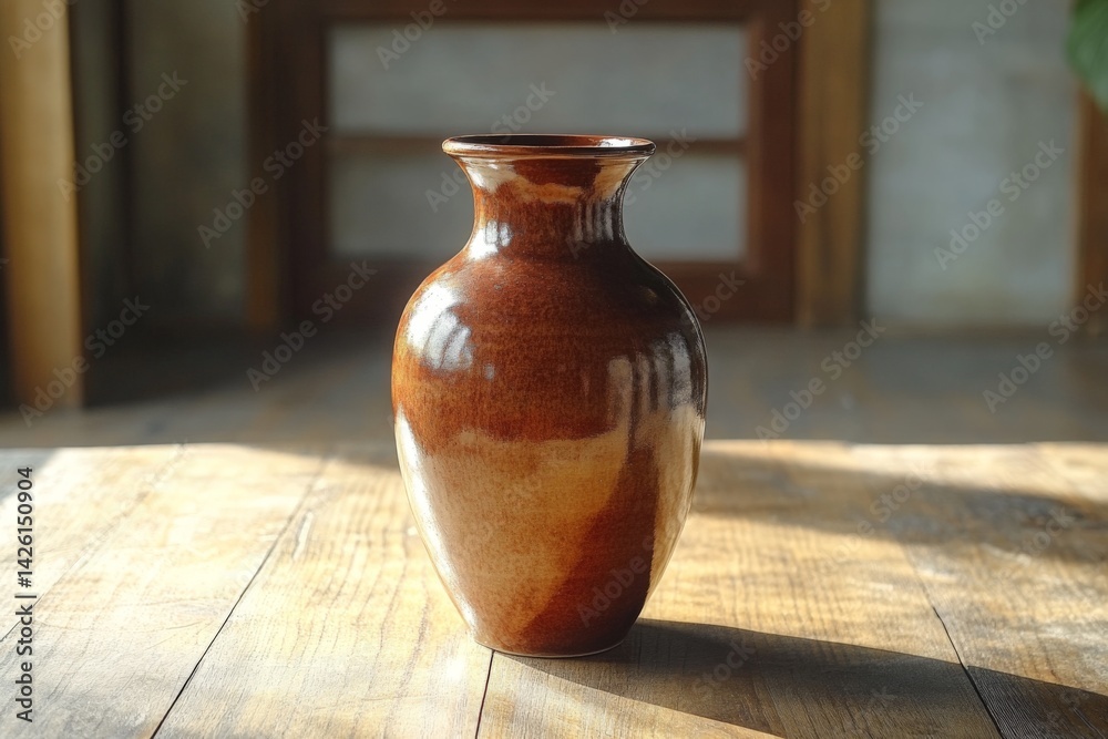 Aufkleber unique ceramic vase displayed in sunlight on wooden table in a serene indoor setting