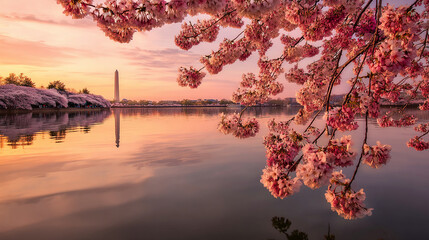 Pink cherry blossoms frame scenic sunset view reflecting Washington Monument in calm water, showcasing tranquil beauty and springtime serenity