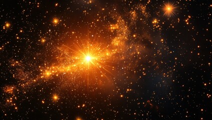 Stars illuminate the night sky with an orange burst of light and shimmering sparkles