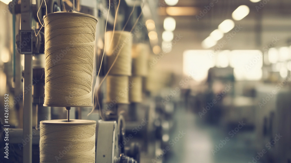 Poster Spools of thread in a busy industrial workshop Generative AI