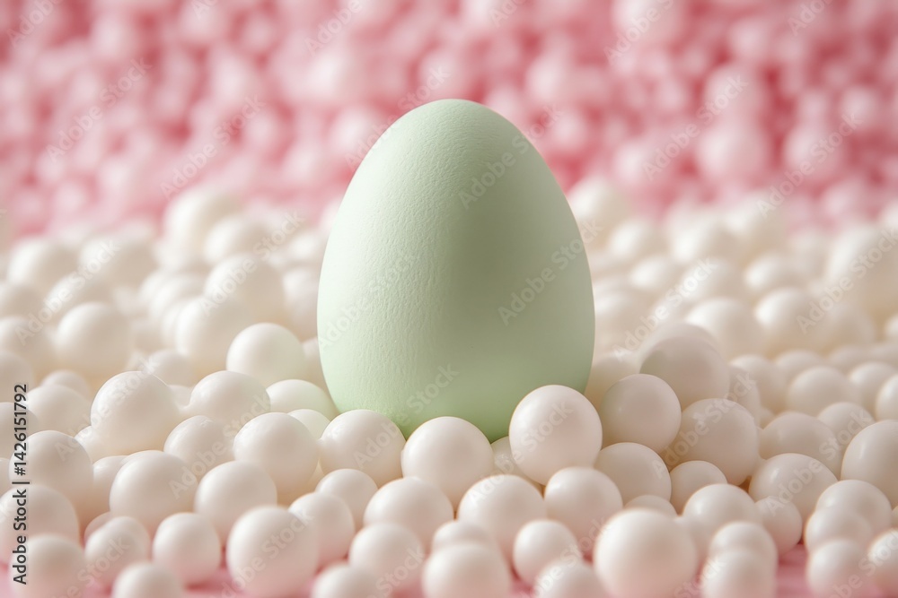 Poster colorful egg surrounded by white beads on a soft pink background creates a whimsical and playful atm