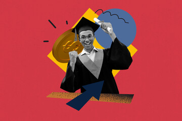 Sketch design trend artwork poster 3D collage of young man smile money coins academic knowledge education intelligent study university hat