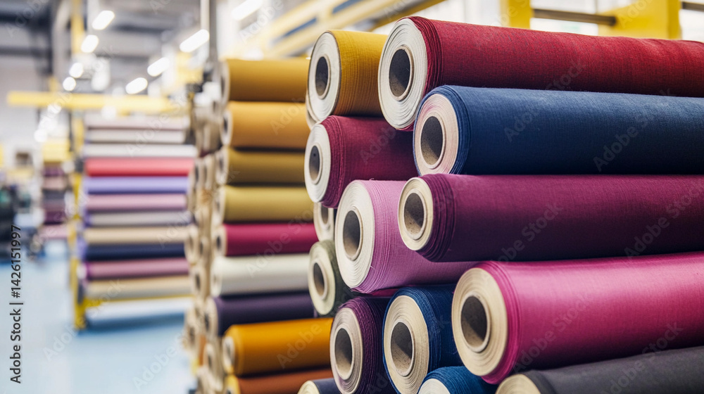 Poster Vibrant fabric rolls stacked in a textile workshop Generative AI