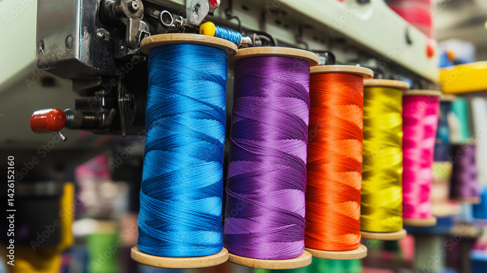 Poster Close-up view of vibrant spools of thread on a sewing machine Generative AI