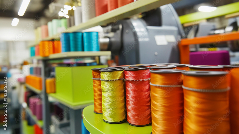 Poster Vibrant spools of thread arranged in creative workspace Generative AI