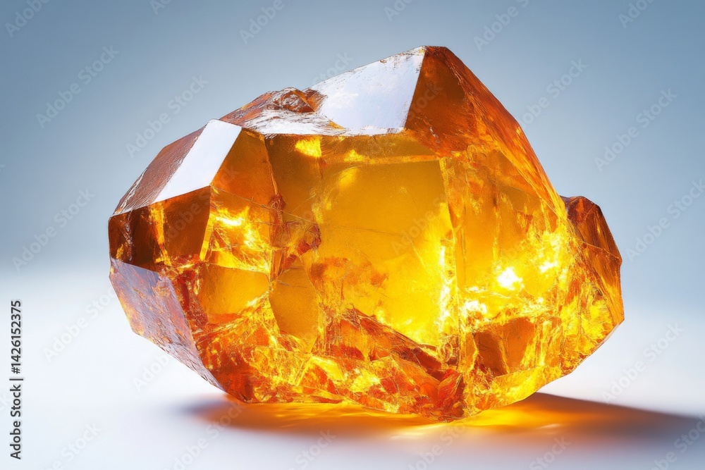Poster Bright amber crystal sparkling in warm light on a simple background highlighting its unique shape and color