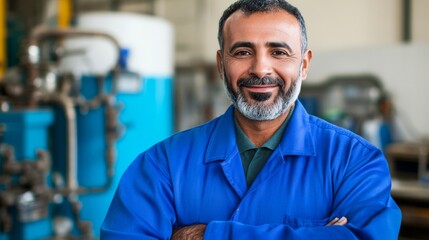 Middle Eastern engineer stands confidently in an industrial facility with a large storage tank and complex pipework, demonstrating professionalism and expertise