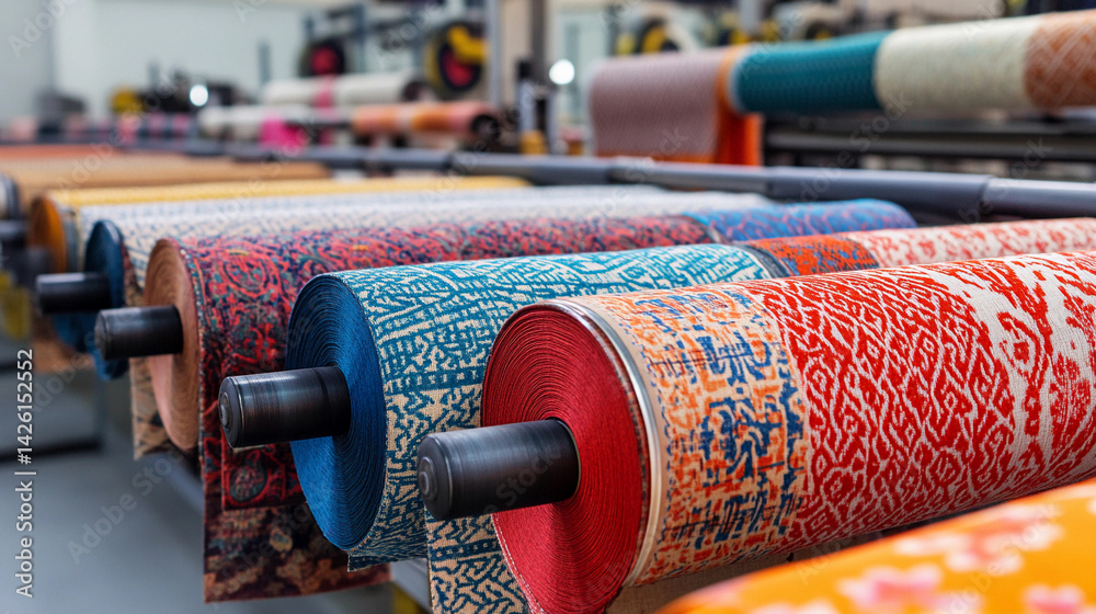 Poster vivid textiles on rollers showcase modern manufacturing techniques generative ai