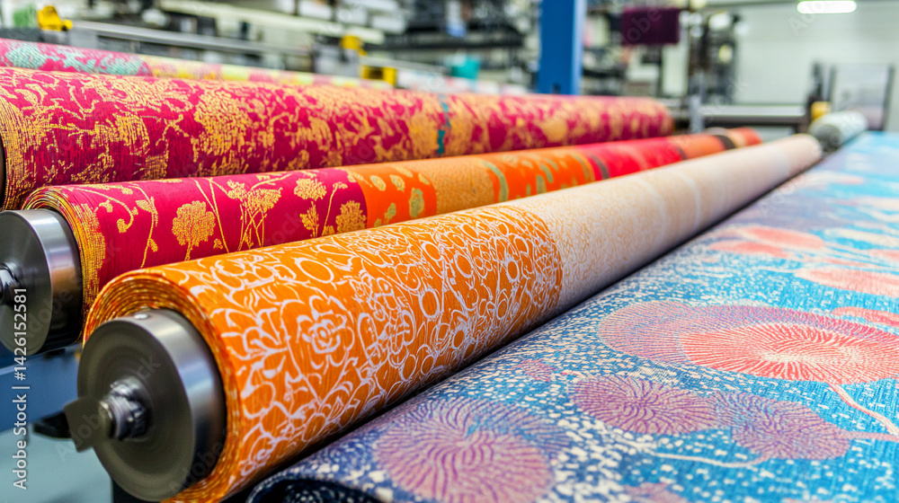Poster vivid textiles displayed on roller in modern workshop generative ai