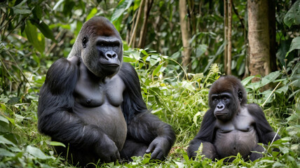 Obraz premium Silverback gorilla with baby resting peacefully in lush green jungle environment