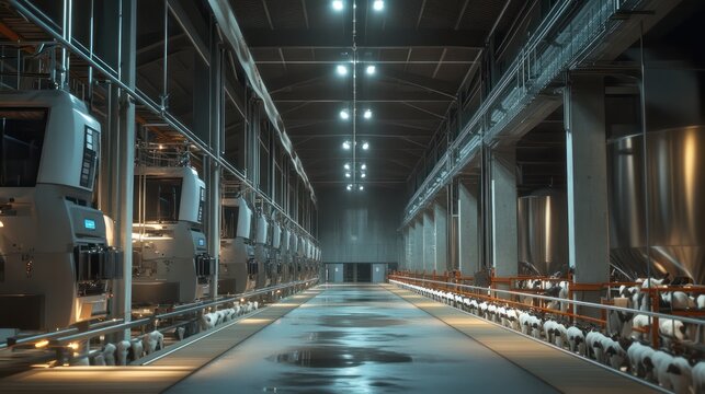 A wide shot of a dairy farm with cows being milked in parallel stalls by farmers using automatic milking machine