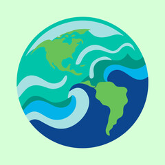 Stylized illustration of planet Earth with prominent water features and continents