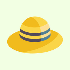Stylized yellow sun hat with dark blue stripes in flat illustration