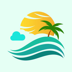Obraz premium Tropical beach island illustration with sun, palm tree, waves, and cloud design