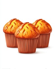 Three freshly baked muffins with orange icing isolated on a white background for delicious dessert photography