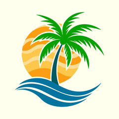 Tropical Paradise Logo with Palm Tree, Sunset, and Ocean Waves Design