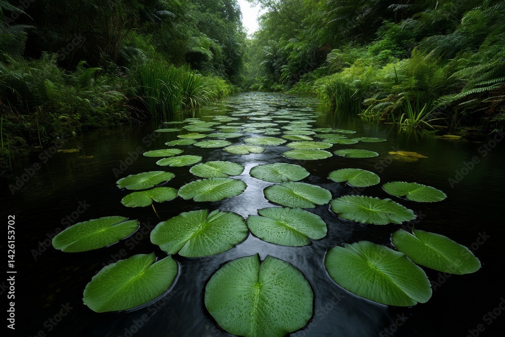 Poster serenity unfolds as lily pads float in a calm pond, surrounded by vibrant greenery and dragonflies d