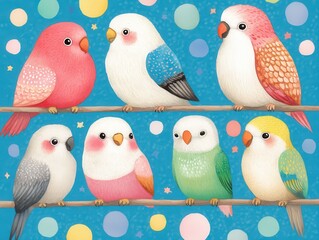 Fototapeta premium Perched row of colorful cartoonish parakeets