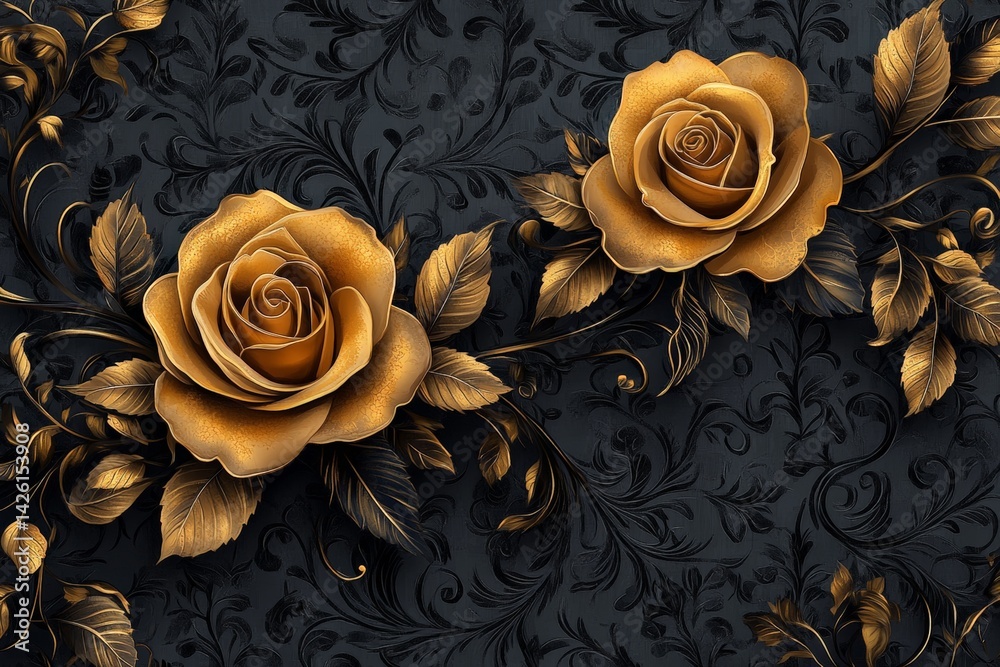 Poster beautiful golden roses on a dark floral background create an elegant and striking decor element for 