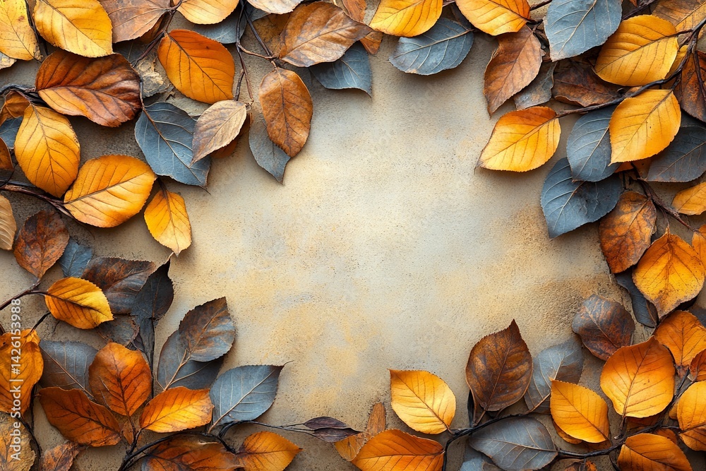 Aufkleber Vibrant autumn leaves create a warm border on a textured background in a serene and natural setting