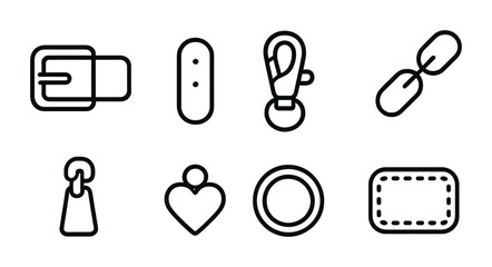 Minimalist outline accessory icons: belt, snap, hook, link, latch, heart, ring, patch