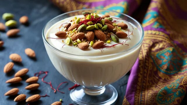 Sweet lassi served in a glass cup garnished with saffron, almonds, and pistachios.