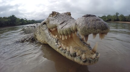 Obraz premium Close-up of crocodile in shallow water with open mouth