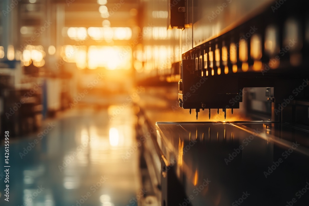 Poster cnc machine operates to cut a metal sheet in a contemporary factory, with sunlight streaming through
