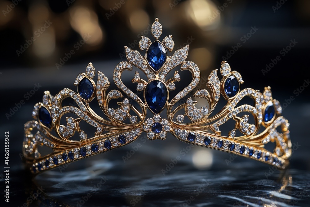 Poster elegant golden tiara adorned with sapphires and diamonds displayed on sleek marble surface in soft l