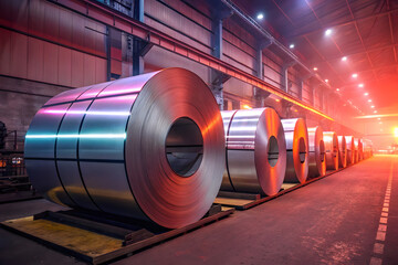 Fototapeta premium Steel coil rolls manufacturing industrial metal production factory warehouse industry storage