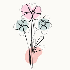Abstract Line Art Floral Bouquet with Pastel Pink and Blue