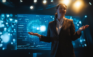 A woman is speaking on stage