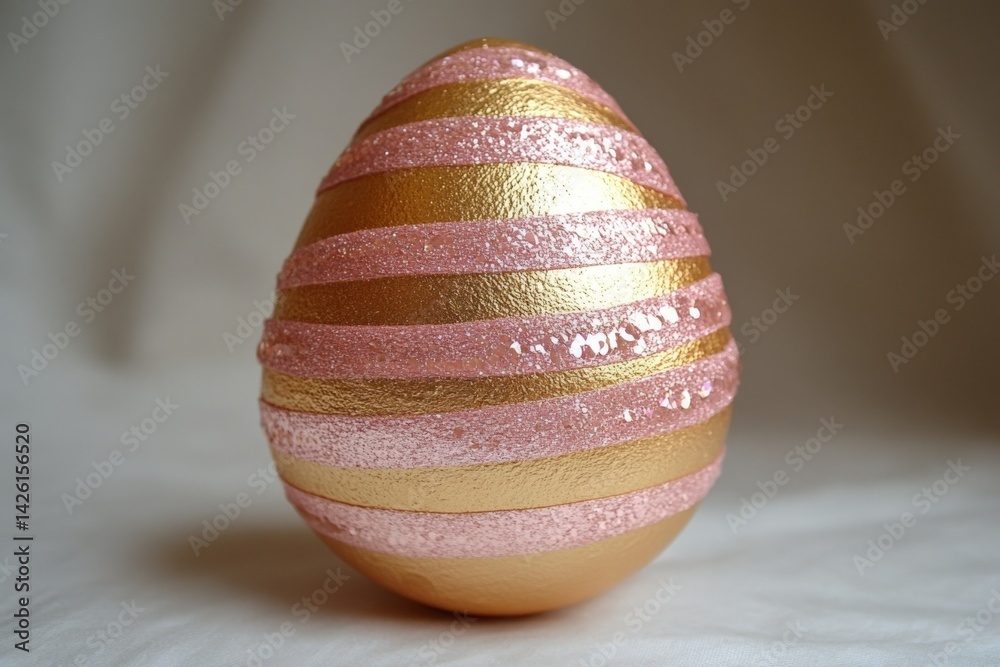 Aufkleber decorative easter egg with pink and gold stripes displayed on soft fabric background