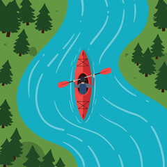 Kayaker paddling red kayak on river surrounded by green pine trees vector illustration 