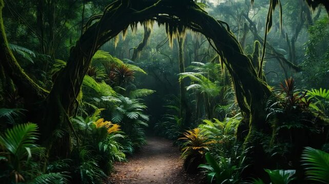 The route goes through a dense rainforest abundant with different kinds of ferns.