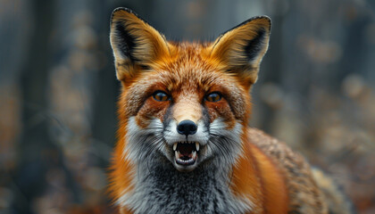 Fototapeta premium Snarling Red Fox in Snowy Forest – Fierce Winter Wildlife Moment